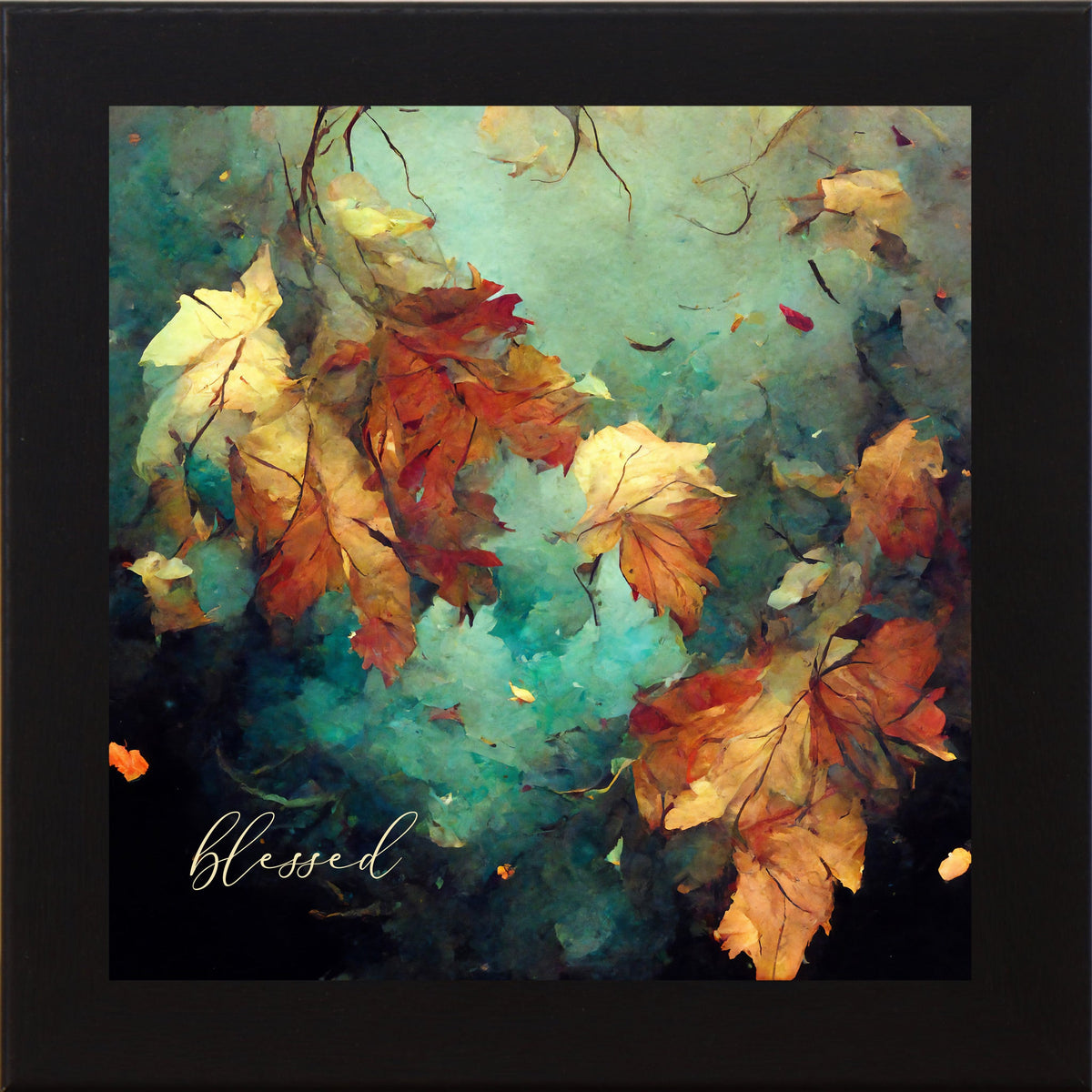 Blessed Fall Wall Art – Teal Watercolor Autumn Leaves Square Farmhouse Decor (SB305)