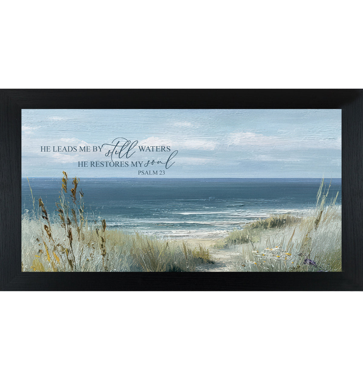 He Leads Me By Still Waters Wall Art – Psalm 23 Coastal Scripture Wide Landscape Decor (SB757)