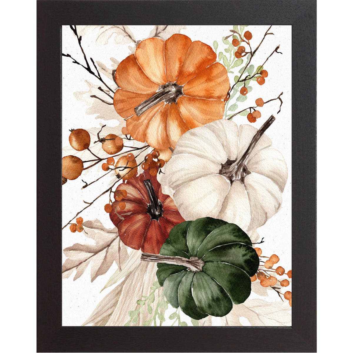 Pumpkin Bouquet Wall Art – Watercolor Orange White Burgundy Green Autumn Portrait Farmhouse Decor (SB252)