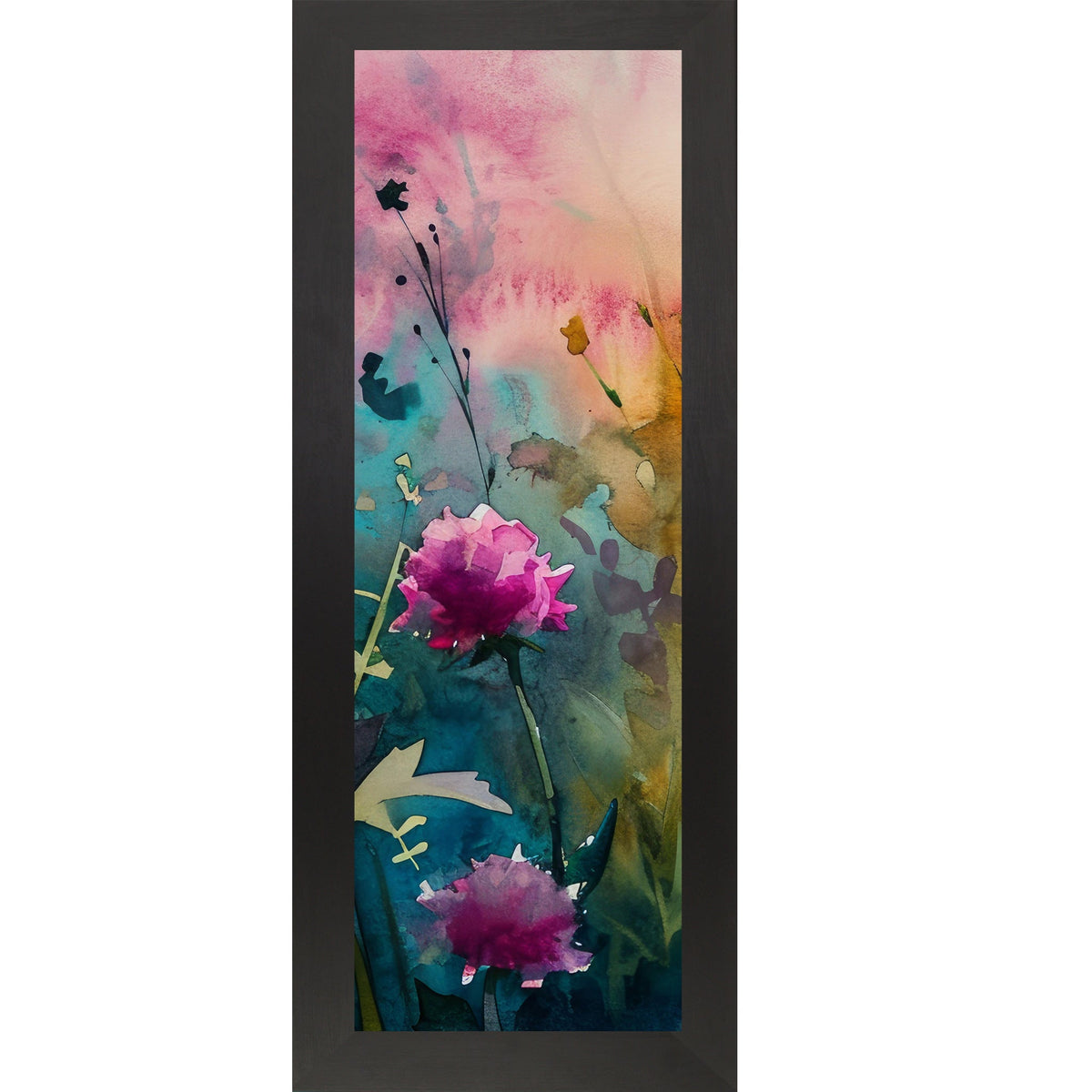 Teal Wildflower Wall Art – Watercolor Peony Narrow Portrait Botanical Decor (SB931)