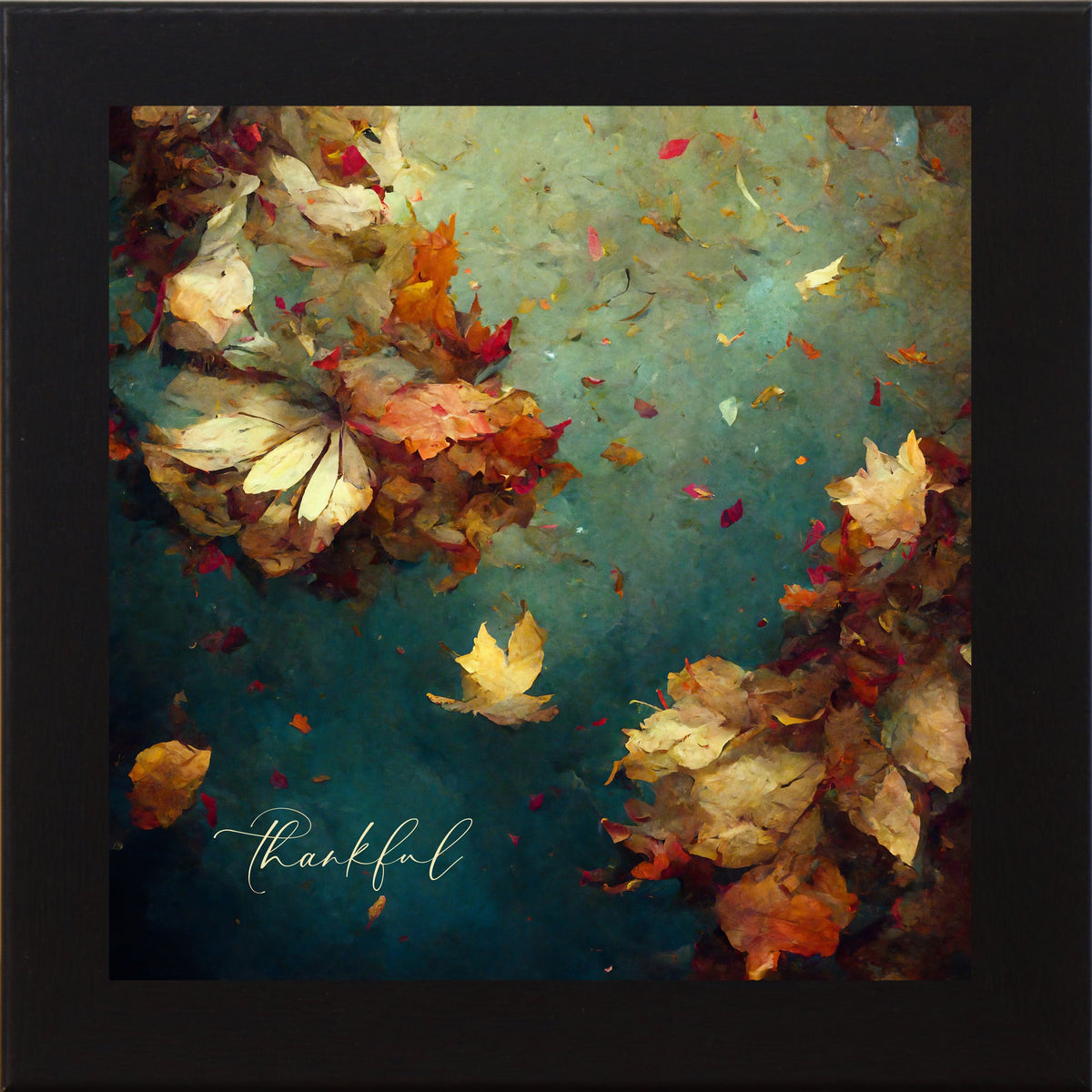 Thankful Fall Wall Art – Teal Watercolor Autumn Leaves Square Farmhouse Decor (SB306)