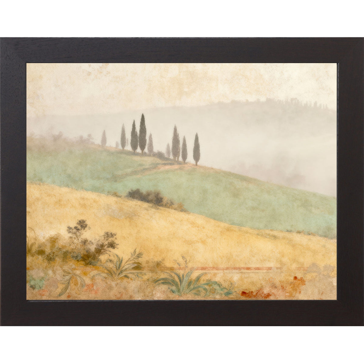 Tuscan Cypress Hills Wall Art – Misty Italian Landscape Fresco Watercolor Scenic Decor (SB219)