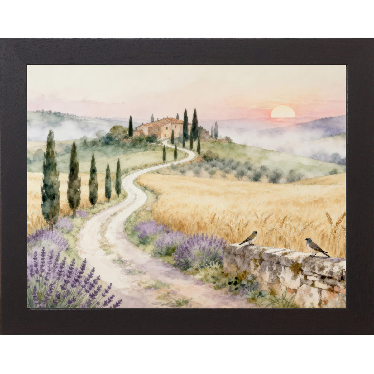 Tuscan Road to the Villa Wall Art – Watercolor Cypress Lavender Italian Sunrise Landscape (SB221)