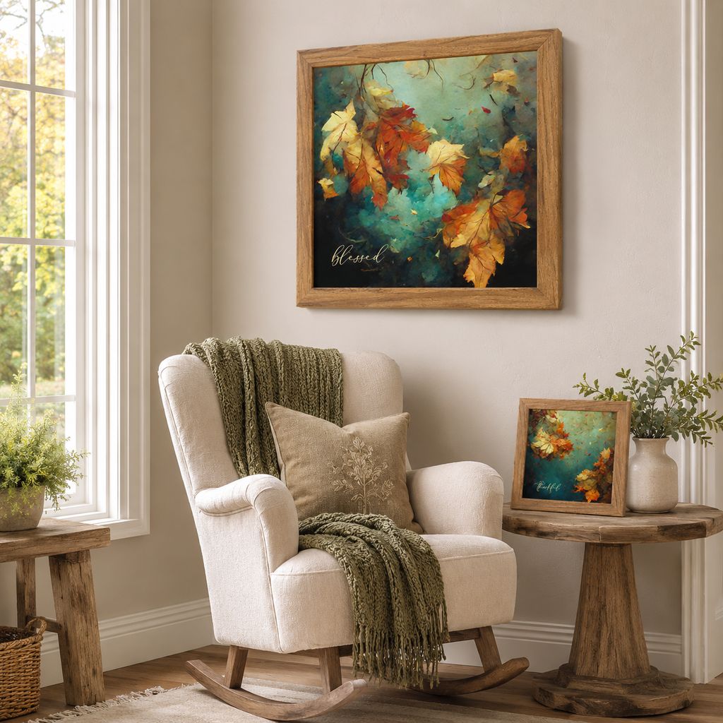 Blessed Fall Wall Art – Teal Watercolor Autumn Leaves Square Farmhouse Decor (SB305)