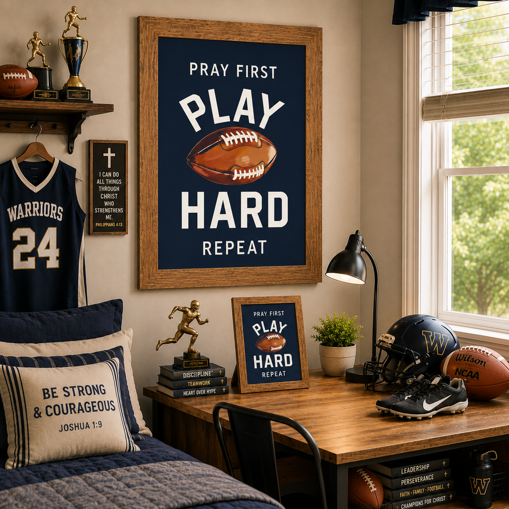 Pray First Play Hard Repeat Football Wall Art – Christian Sports Boys Room Decor (SB260)
