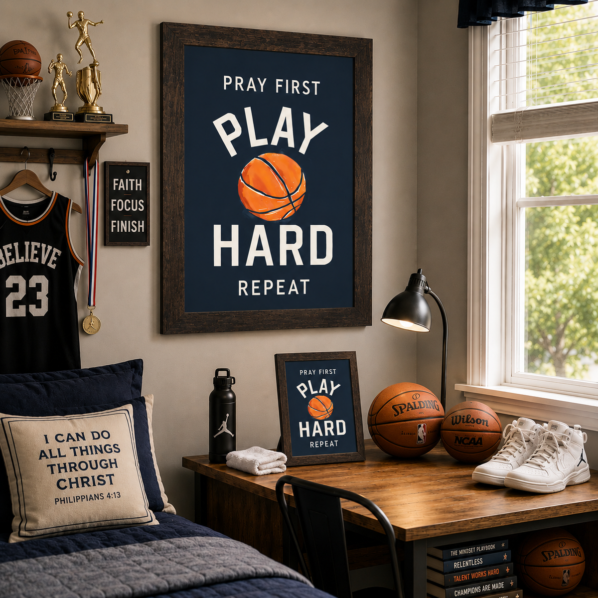 Pray First Play Hard Repeat Basketball Wall Art – Christian Sports Boys Room Decor (SB259)