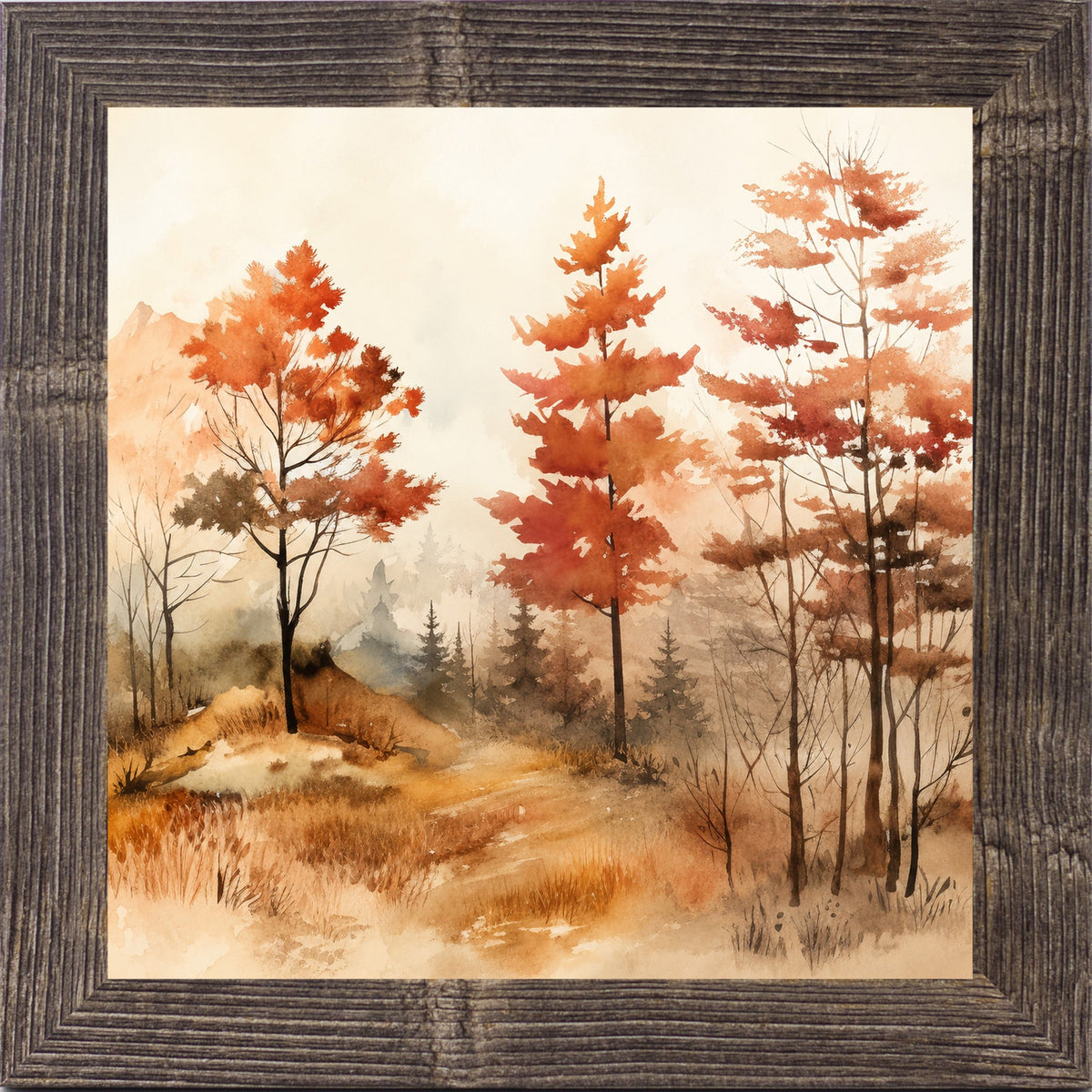 Autumn Watercolor Forest Wall Art – Fall Landscape Square Fine Art Decor (SB304)