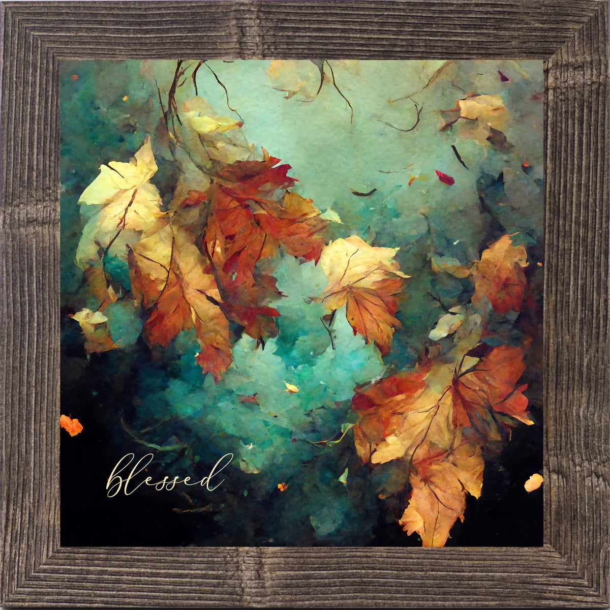 Blessed Fall Wall Art – Teal Watercolor Autumn Leaves Square Farmhouse Decor (SB305)