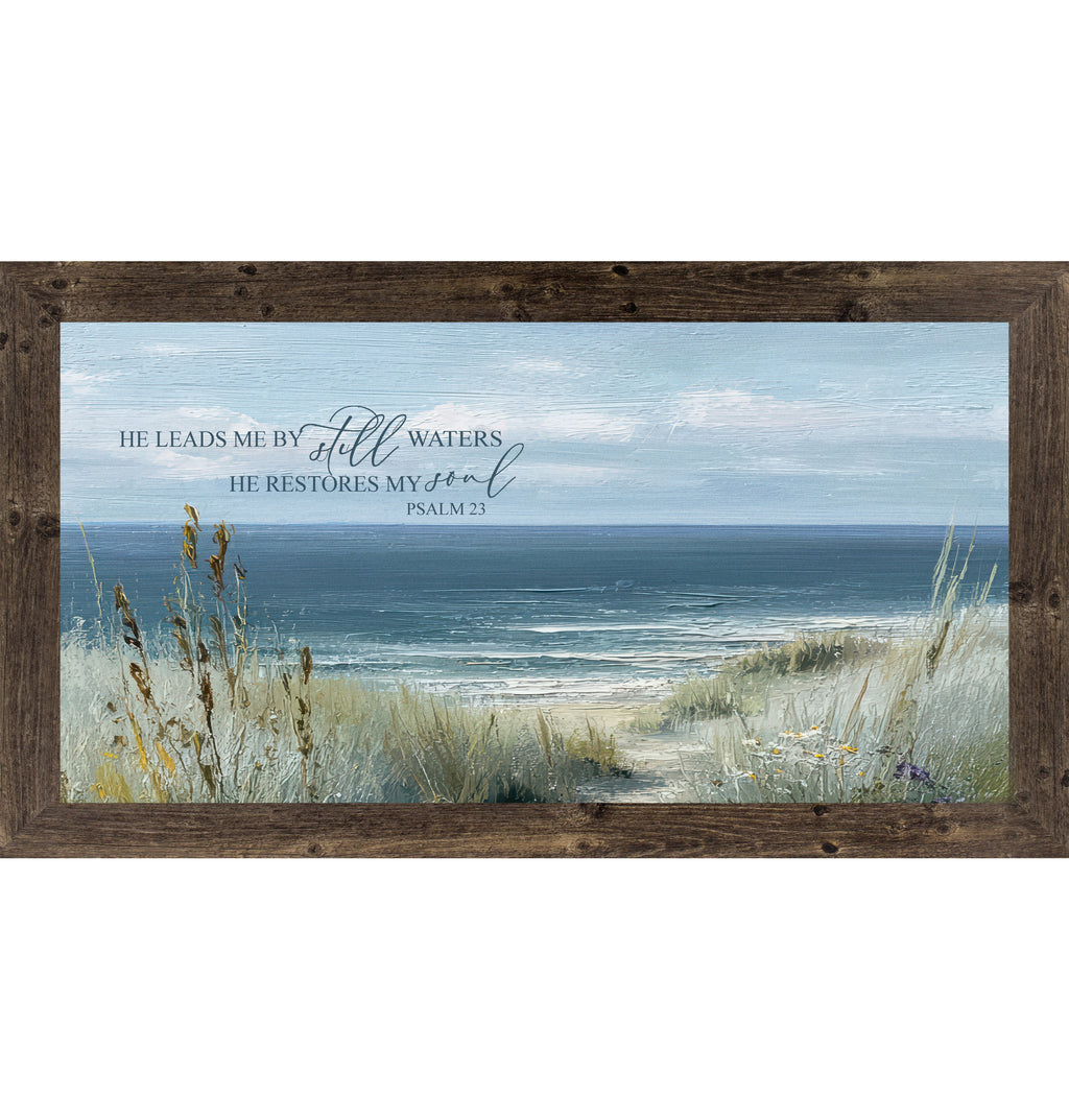 He Leads Me By Still Waters Wall Art – Psalm 23 Coastal Scripture Wide Landscape Decor (SB757)