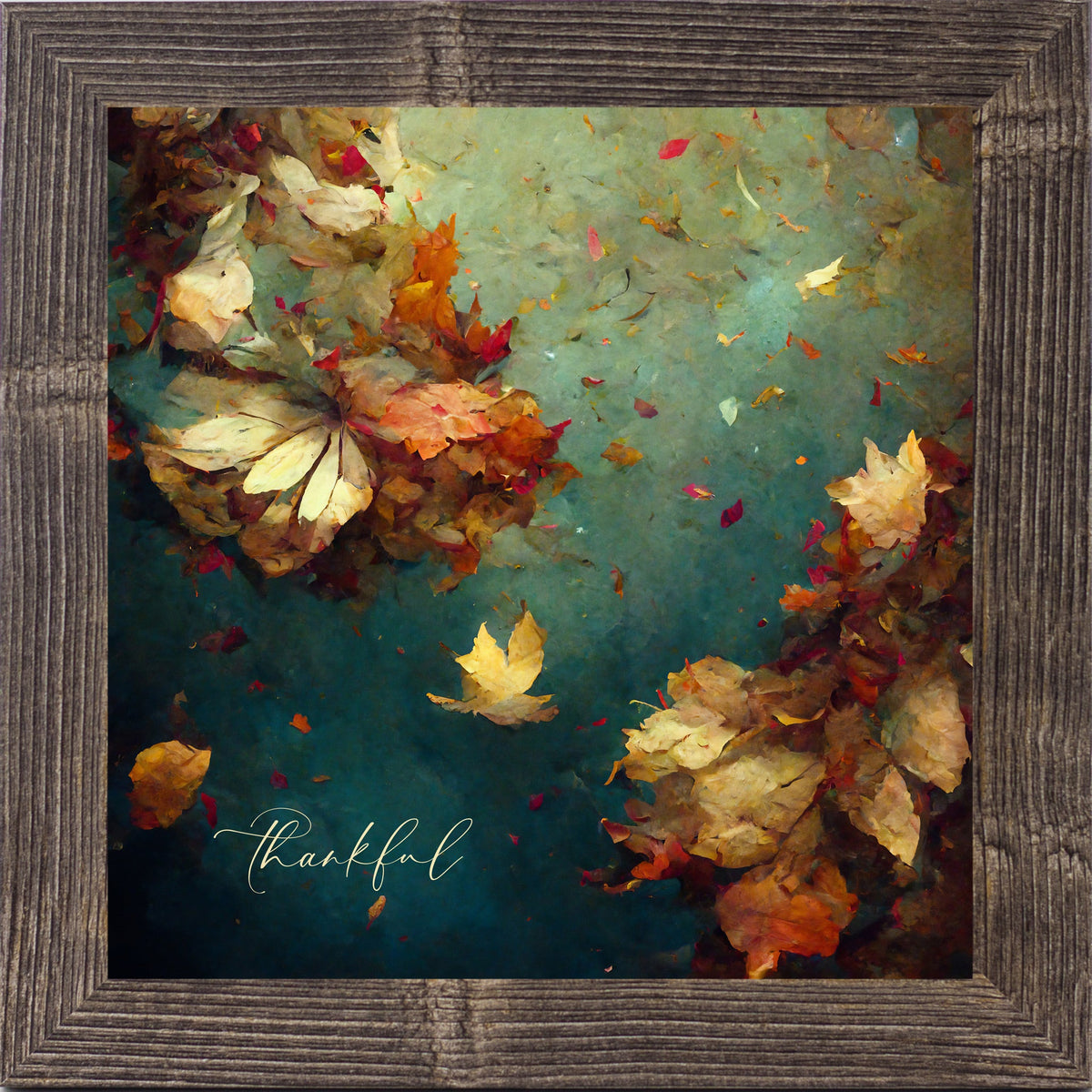 Thankful Fall Wall Art – Teal Watercolor Autumn Leaves Square Farmhouse Decor (SB306)