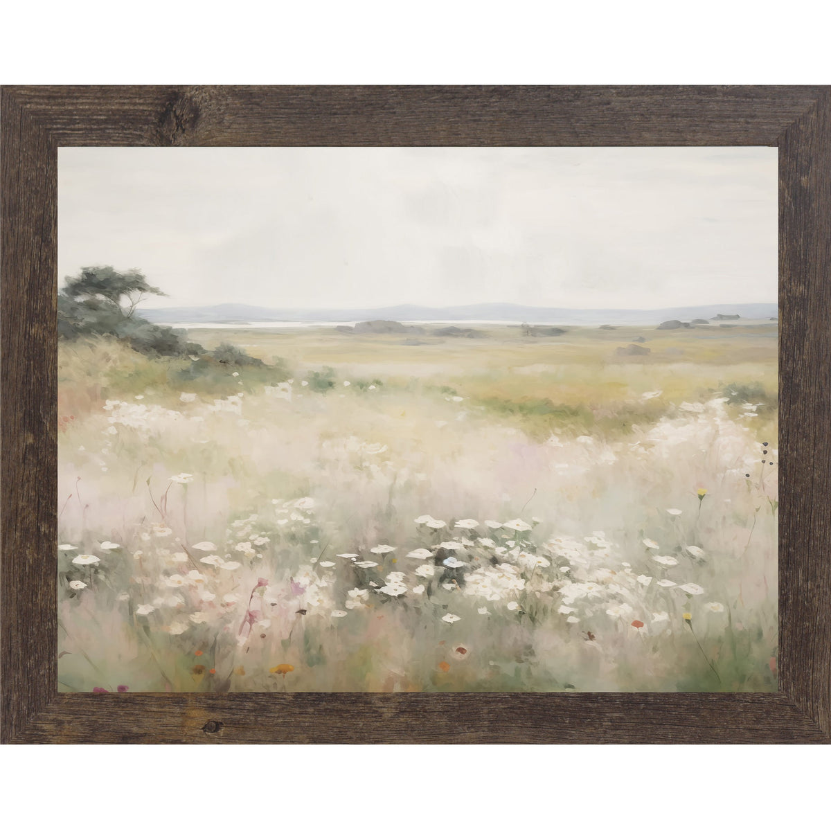 Wildflower Meadow Wall Art – Watercolor White Flowers Coastal Landscape Neutral Floral Decor (SB225)