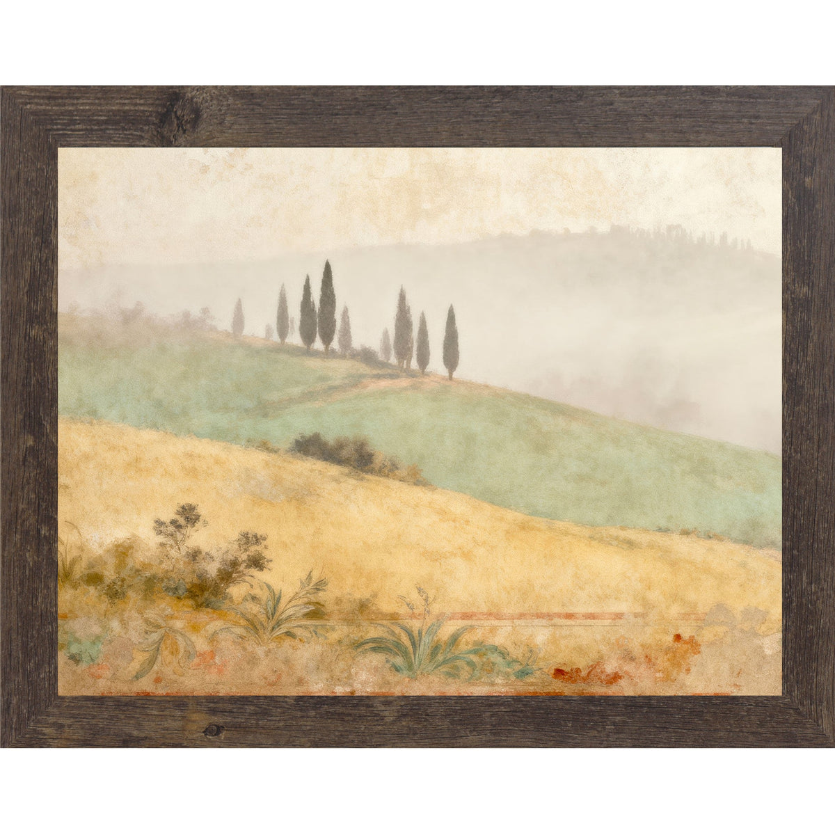 Tuscan Cypress Hills Wall Art – Misty Italian Landscape Fresco Watercolor Scenic Decor (SB219)