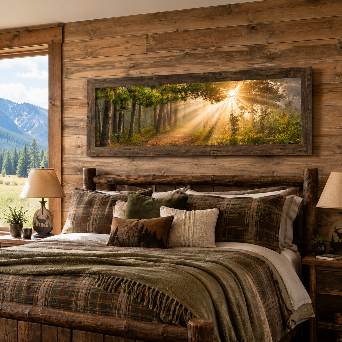 Forest Light Rays Wall Art – Panoramic Pine Sunlight Sympathy Nature Decor (SB947)