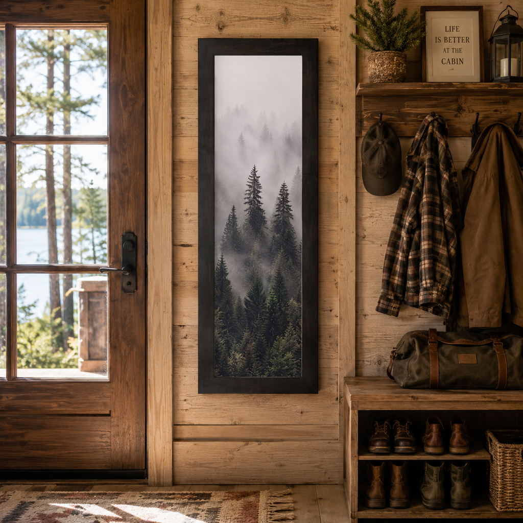 Misty Forest Wall Art – Tall Narrow Portrait Evergreen Pine Cabin Decor (SB945)