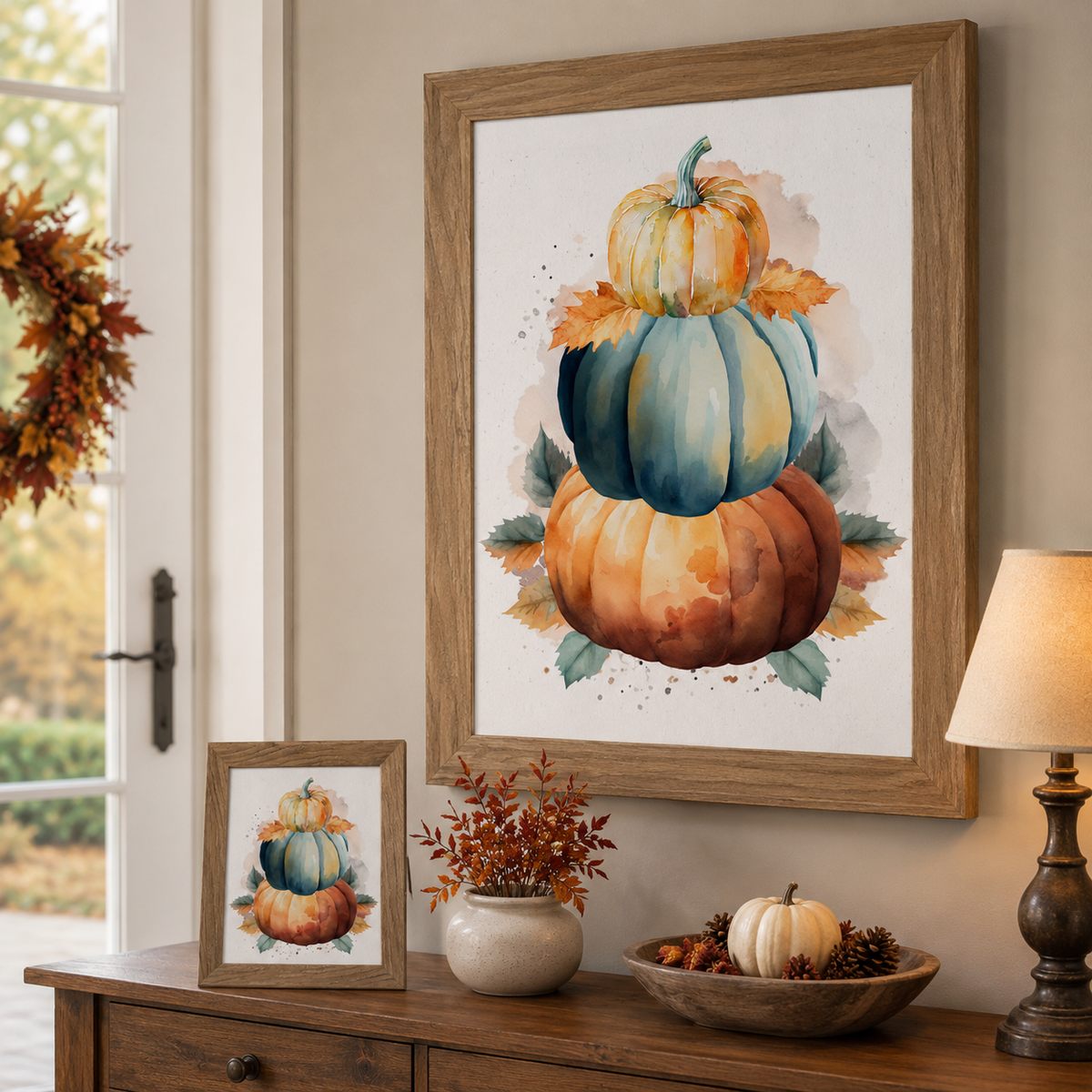Stacked Pumpkins Wall Art – Watercolor Teal Orange Gold No Words Fall Entryway Decor (NS393)
