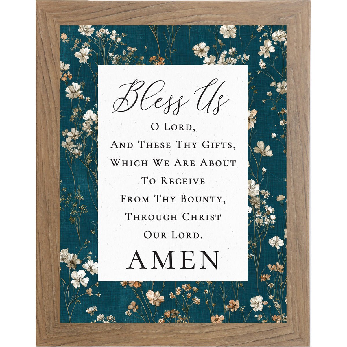 Bless Us O Lord Catholic Prayer Wall Art – Teal Floral Botanical Christian Decor (SB234)
