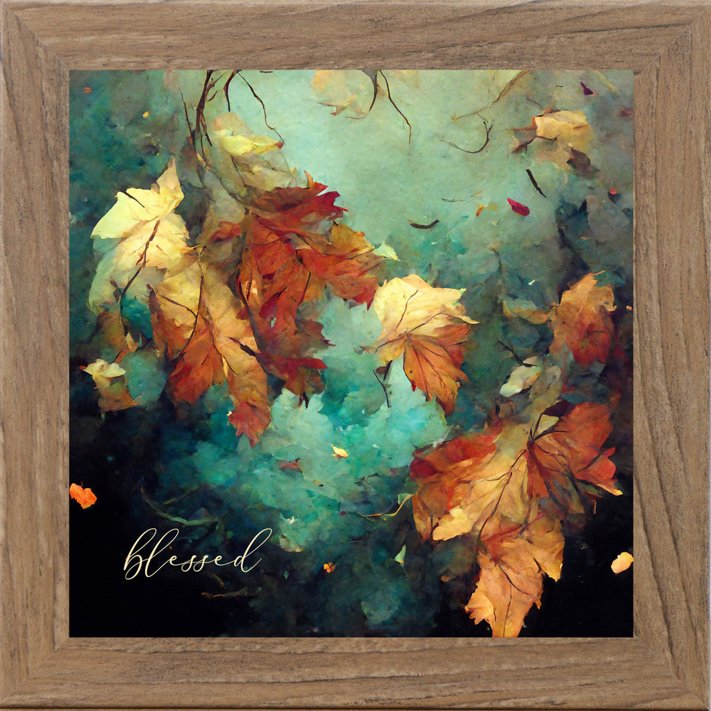 Blessed Fall Wall Art – Teal Watercolor Autumn Leaves Square Farmhouse Decor (SB305)