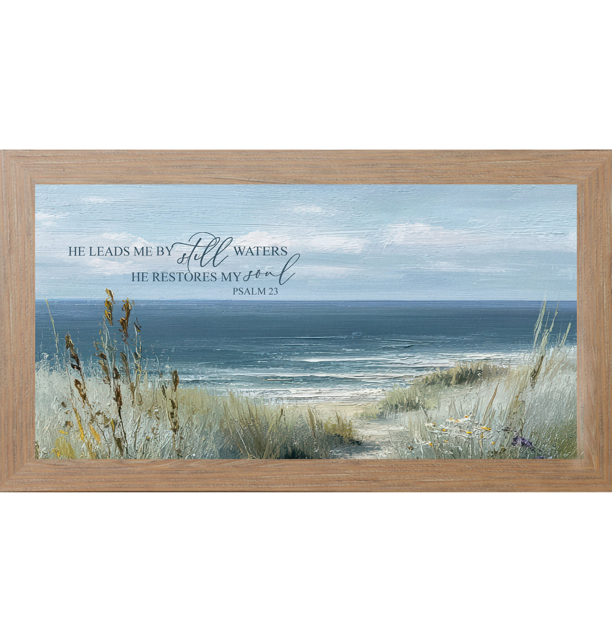 He Leads Me By Still Waters Wall Art – Psalm 23 Coastal Scripture Wide Landscape Decor (SB757)