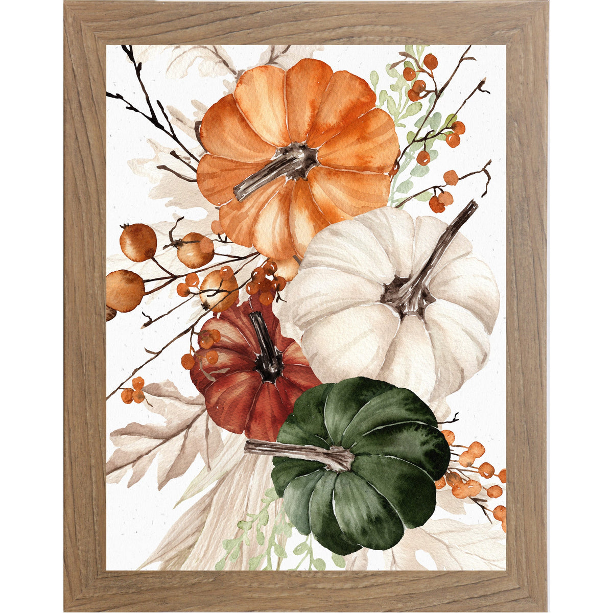 Pumpkin Bouquet Wall Art – Watercolor Orange White Burgundy Green Autumn Portrait Farmhouse Decor (SB252)