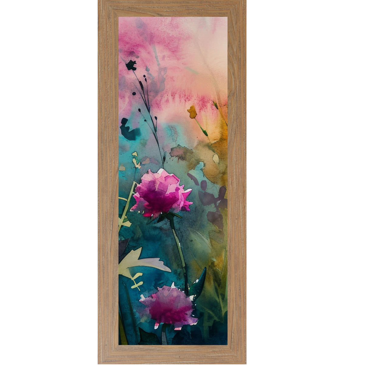 Teal Wildflower Wall Art – Watercolor Peony Narrow Portrait Botanical Decor (SB931)