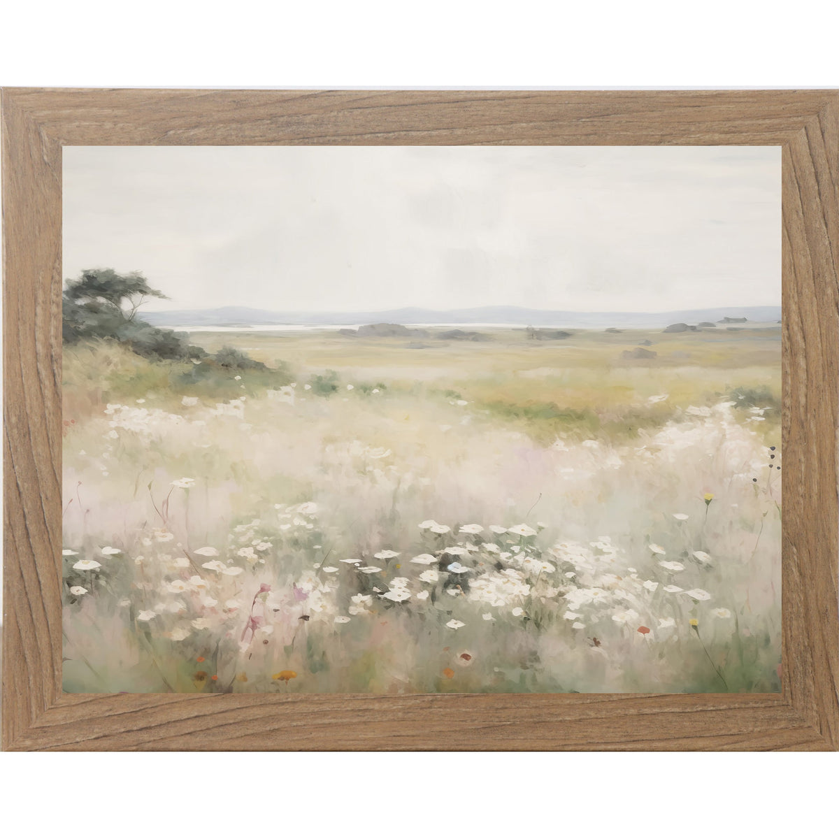 Wildflower Meadow Wall Art – Watercolor White Flowers Coastal Landscape Neutral Floral Decor (SB225)