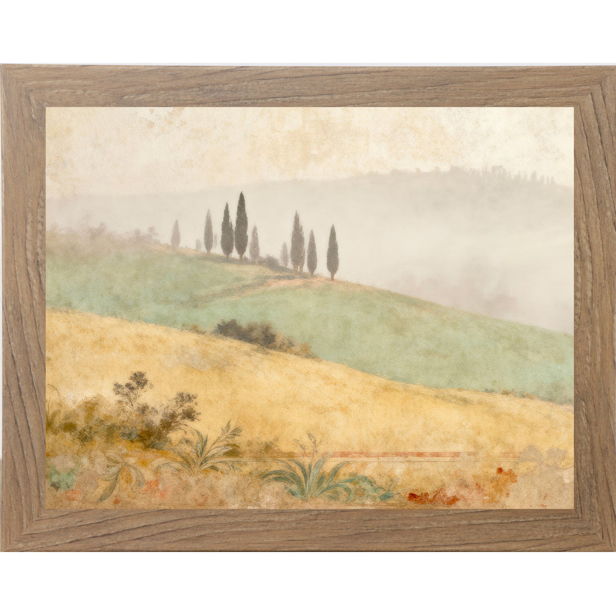 Tuscan Cypress Hills Wall Art – Misty Italian Landscape Fresco Watercolor Scenic Decor (SB219)