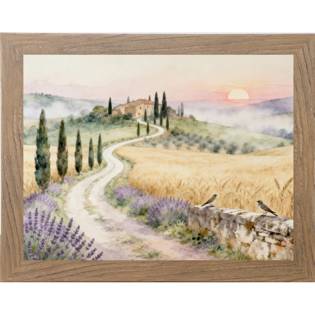 Tuscan Road to the Villa Wall Art – Watercolor Cypress Lavender Italian Sunrise Landscape (SB221)