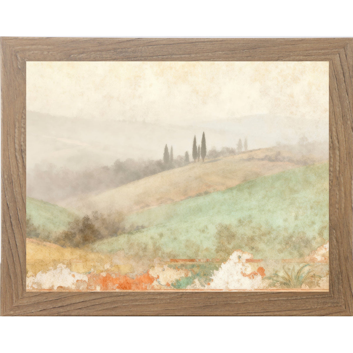 Tuscan Valley Mist Wall Art – Rolling Italian Hills Cypress Fresco Landscape Decor (SB220)