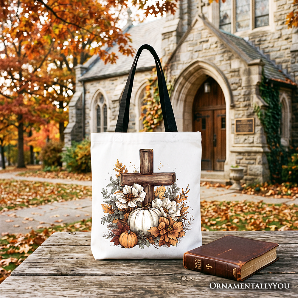 Christian Floral Pumpkin Cross Tote Bag, Boho Religious Fall Gift Shopper
