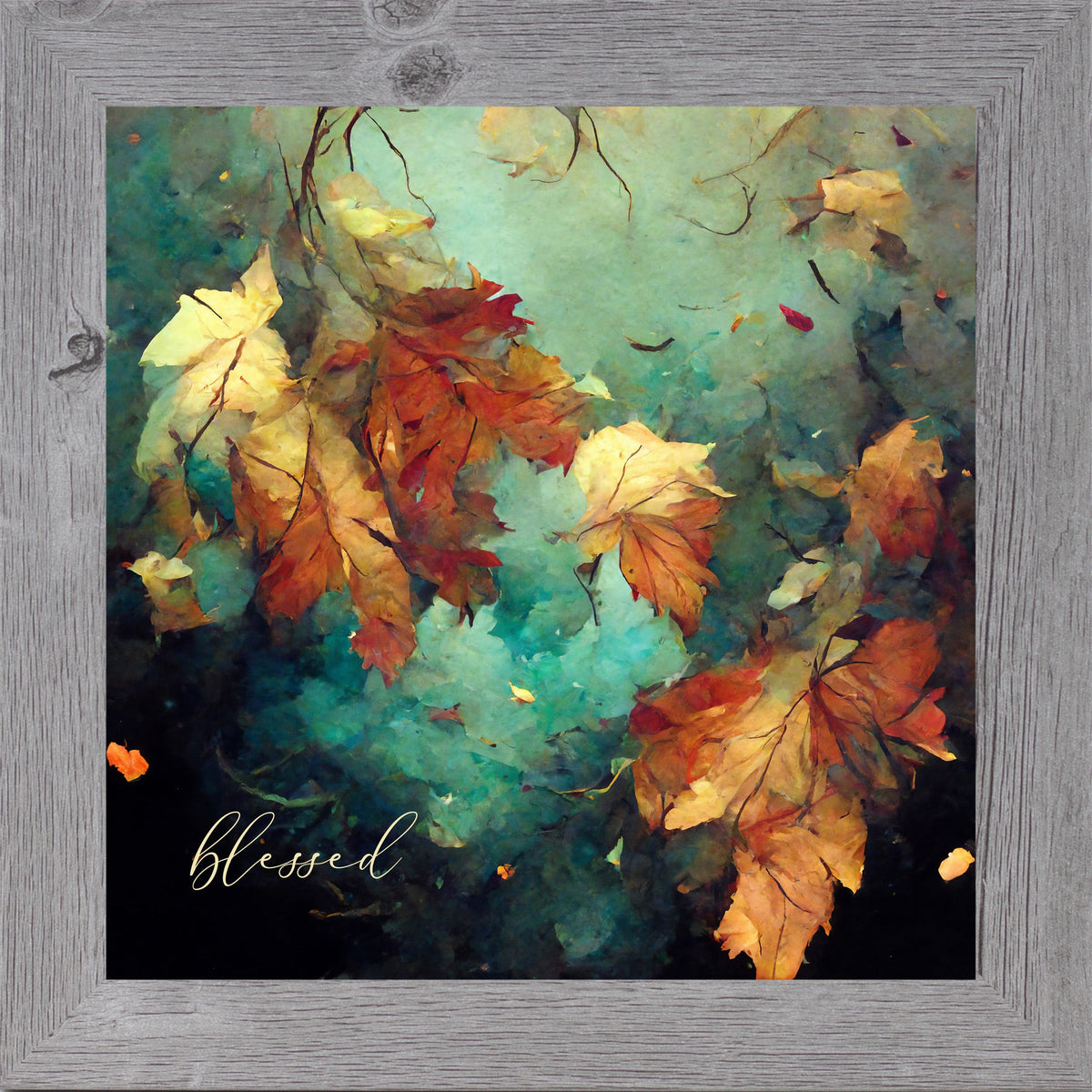 Blessed Fall Wall Art – Teal Watercolor Autumn Leaves Square Farmhouse Decor (SB305)