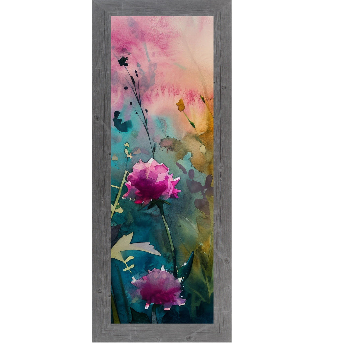 Teal Wildflower Wall Art – Watercolor Peony Narrow Portrait Botanical Decor (SB931)