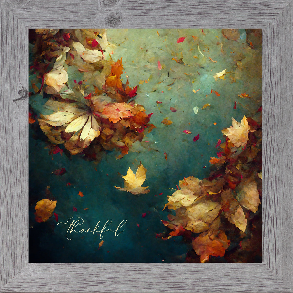Thankful Fall Wall Art – Teal Watercolor Autumn Leaves Square Farmhouse Decor (SB306)