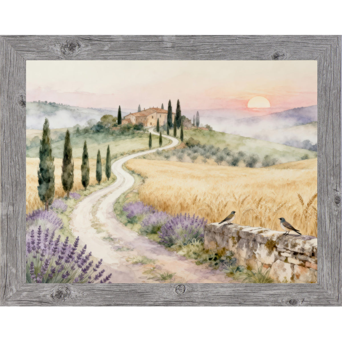 Tuscan Road to the Villa Wall Art – Watercolor Cypress Lavender Italian Sunrise Landscape (SB221)
