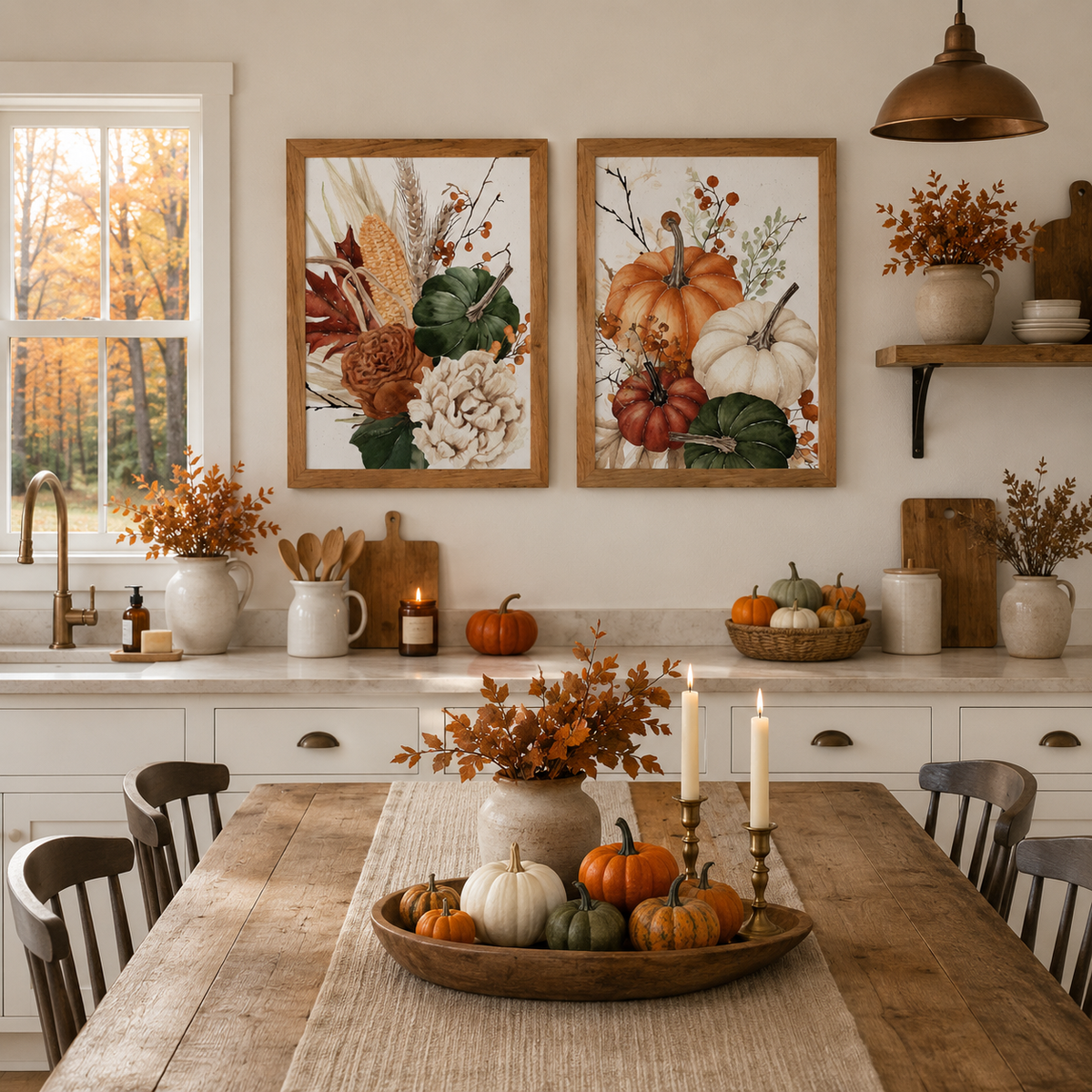Pumpkin Bouquet Wall Art – Watercolor Orange White Burgundy Green Autumn Portrait Farmhouse Decor (SB252)
