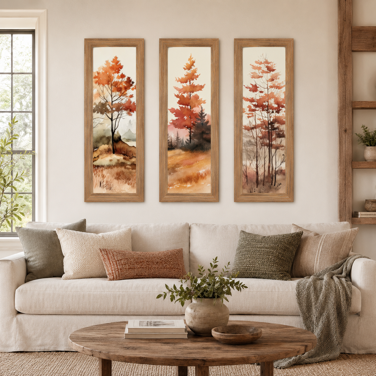 Autumn Forest Watercolor Wall Art – Tall Fall Trees Narrow Portrait Decor (SB942)