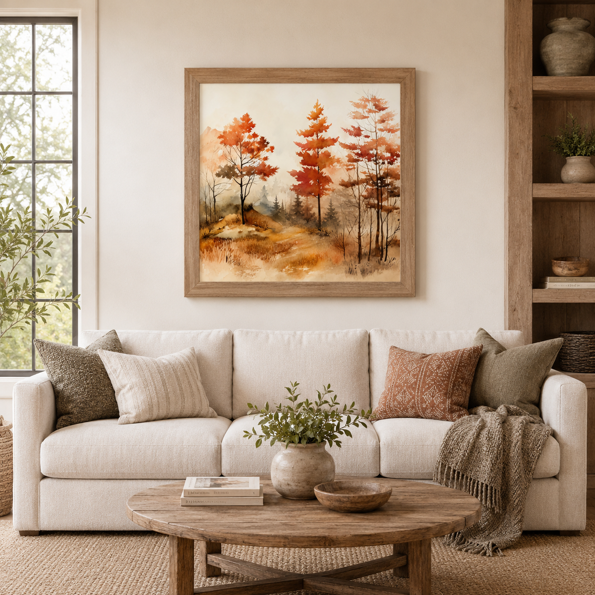 Autumn Watercolor Forest Wall Art – Fall Landscape Square Fine Art Decor (SB304)