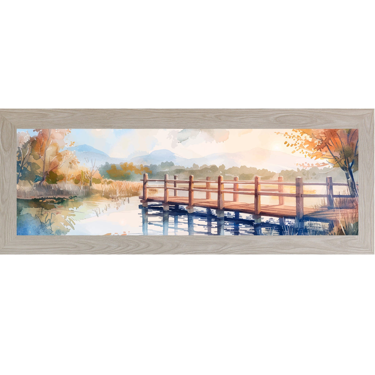 Autumn Pier Watercolor Wall Art – Wide Panoramic Lake Bridge Landscape Decor (SB943)