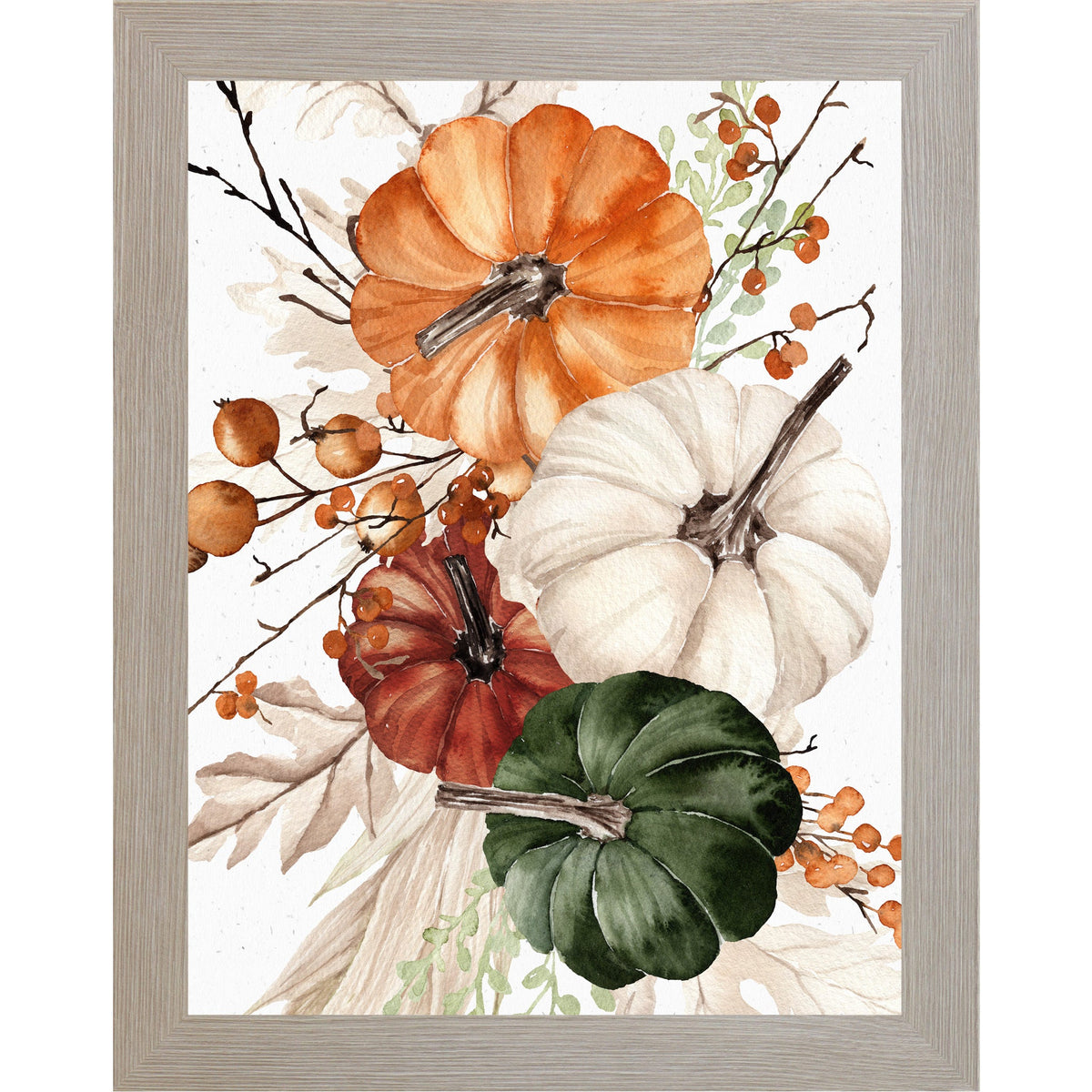 Pumpkin Bouquet Wall Art – Watercolor Orange White Burgundy Green Autumn Portrait Farmhouse Decor (SB252)