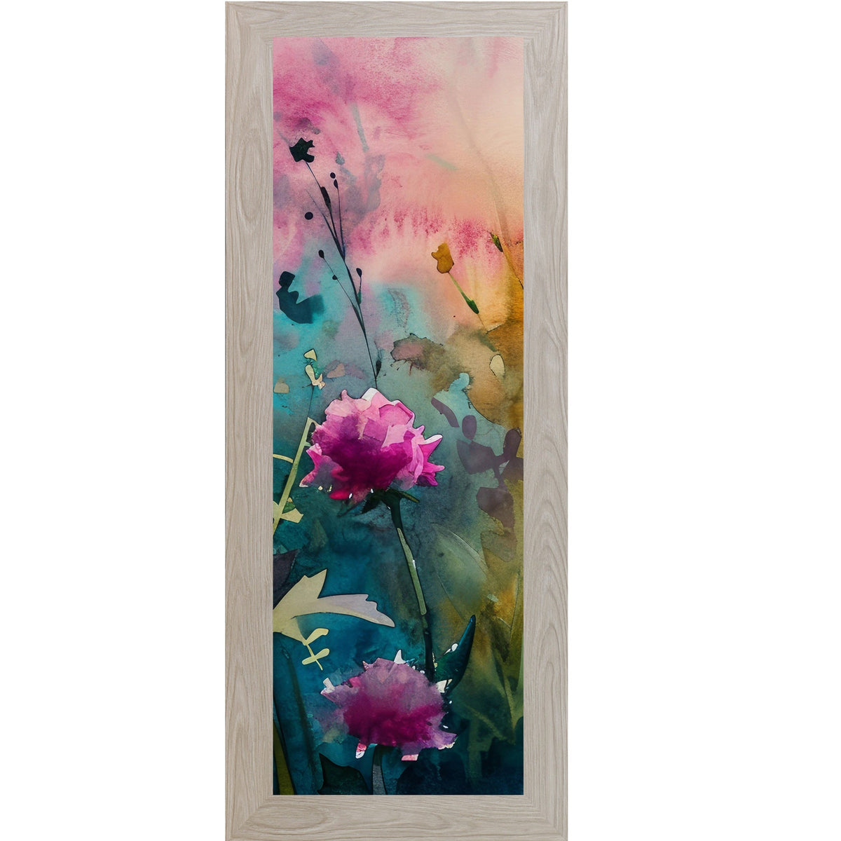 Teal Wildflower Wall Art – Watercolor Peony Narrow Portrait Botanical Decor (SB931)