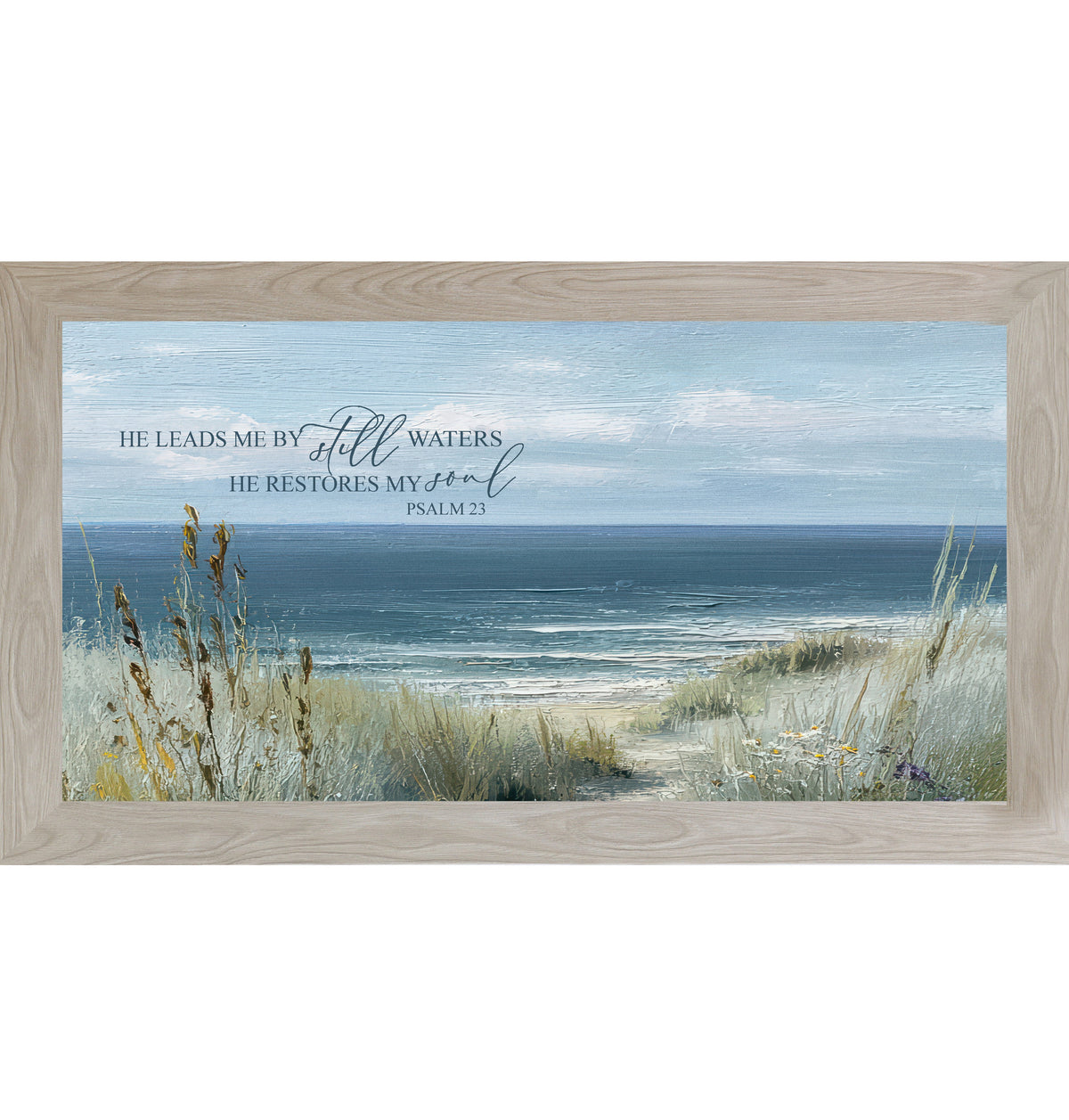 He Leads Me By Still Waters Wall Art – Psalm 23 Coastal Scripture Wide Landscape Decor (SB757)