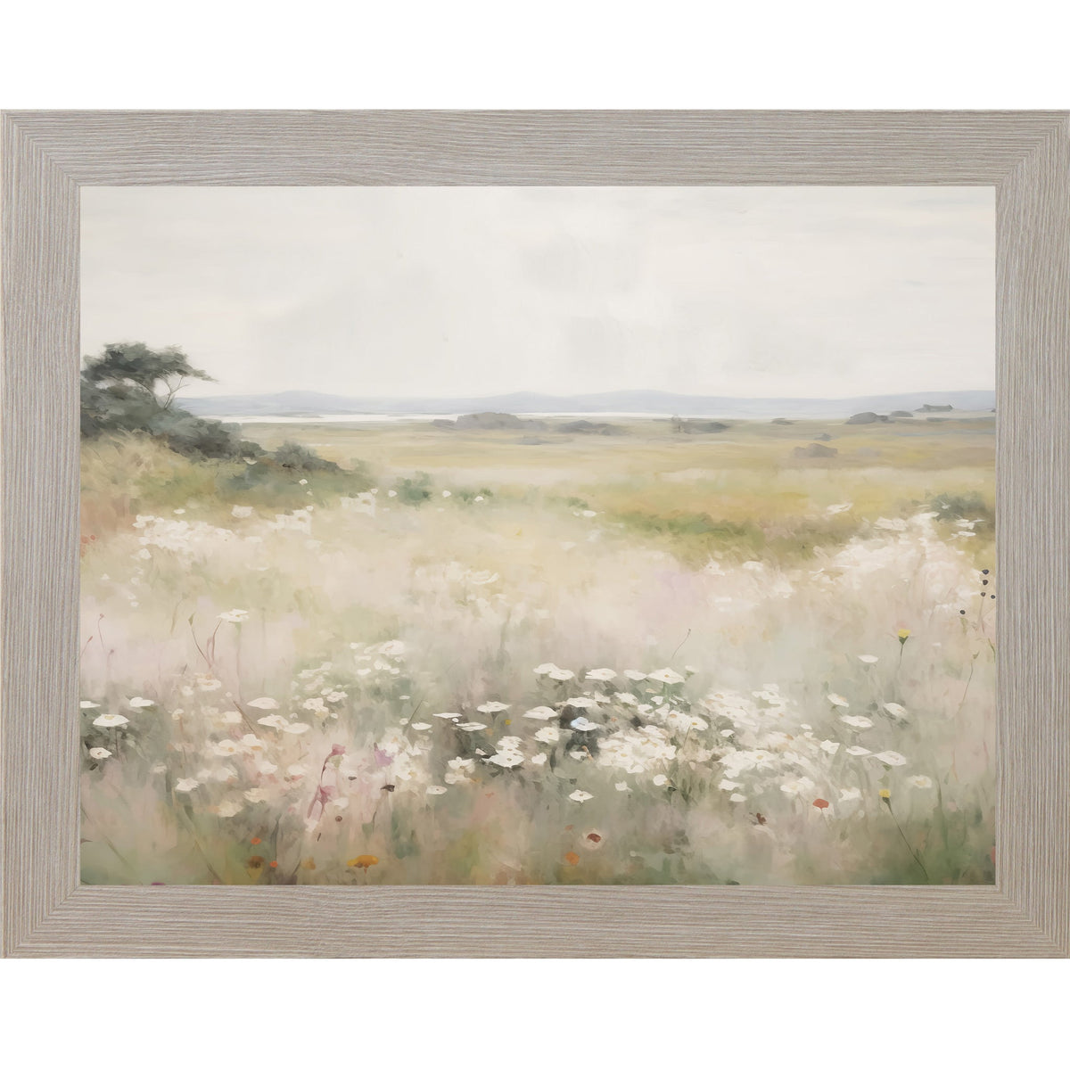 Wildflower Meadow Wall Art – Watercolor White Flowers Coastal Landscape Neutral Floral Decor (SB225)