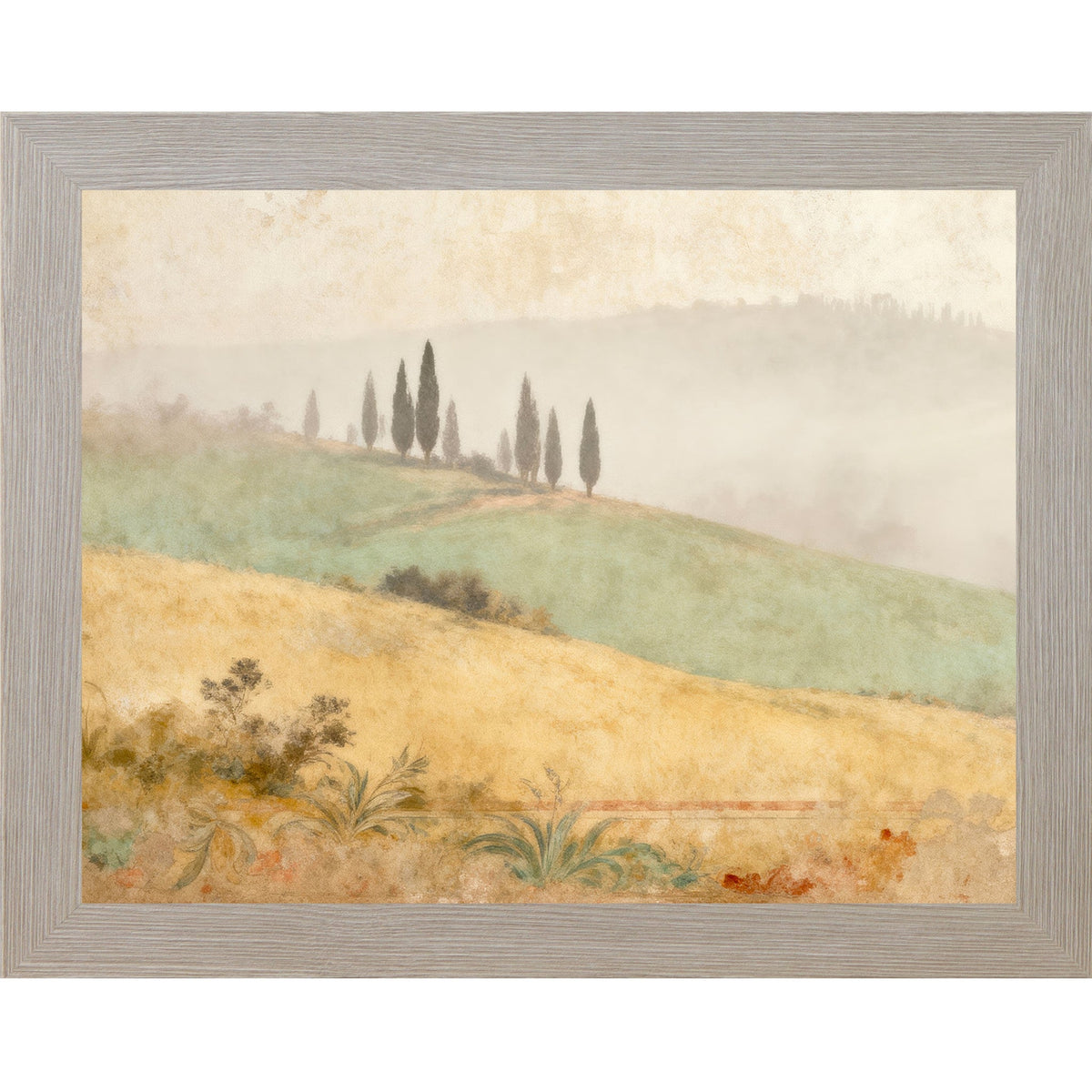 Tuscan Cypress Hills Wall Art – Misty Italian Landscape Fresco Watercolor Scenic Decor (SB219)