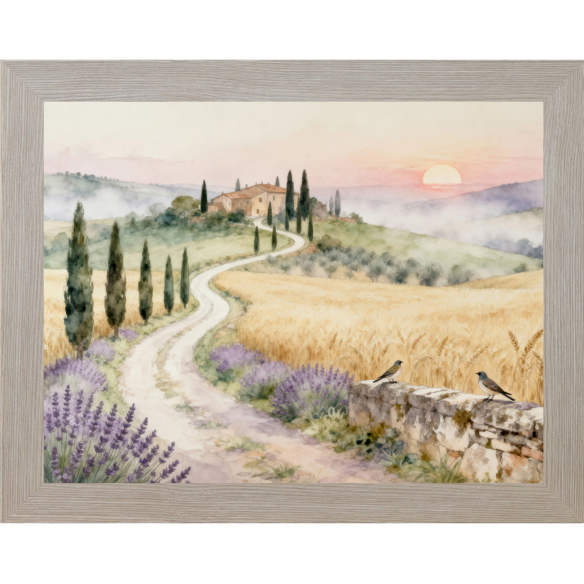Tuscan Road to the Villa Wall Art – Watercolor Cypress Lavender Italian Sunrise Landscape (SB221)