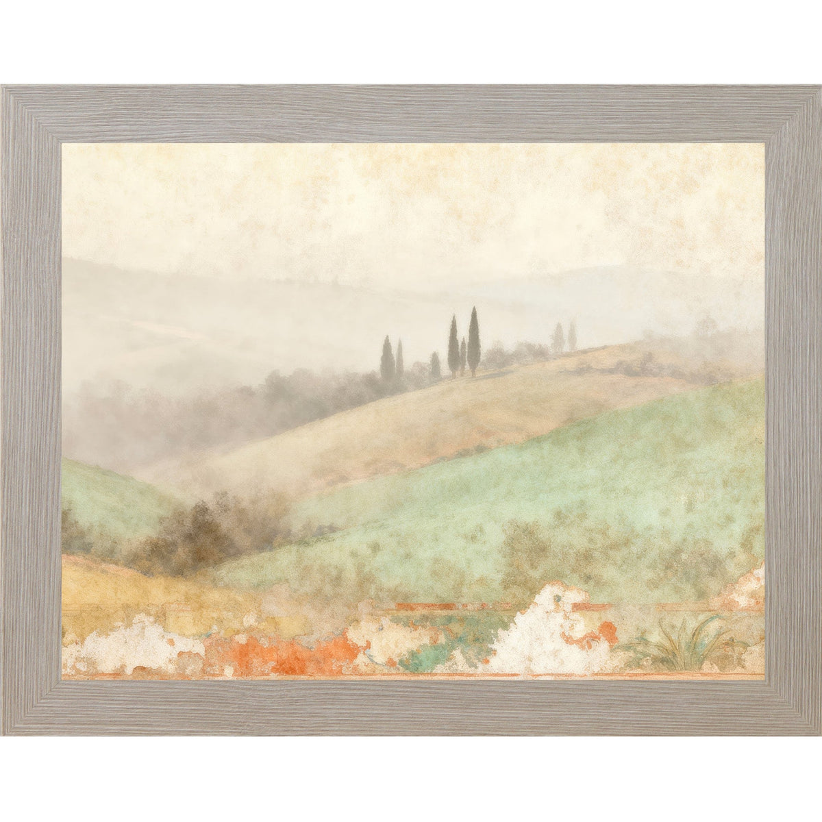 Tuscan Valley Mist Wall Art – Rolling Italian Hills Cypress Fresco Landscape Decor (SB220)