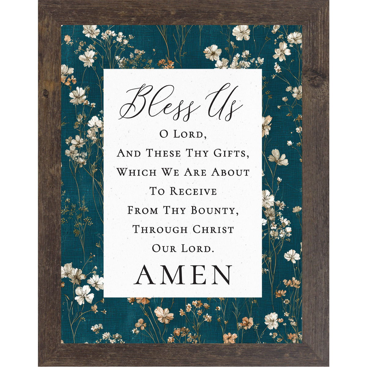 Bless Us O Lord Catholic Prayer Wall Art – Teal Floral Botanical Christian Decor (SB234)