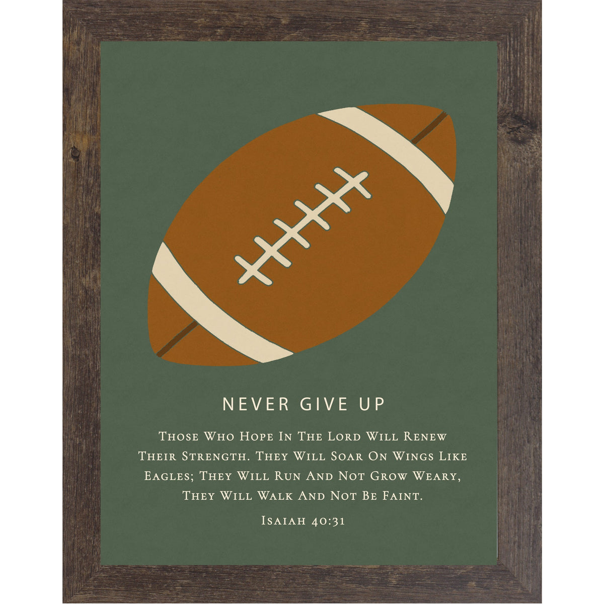 Never Give Up – Isaiah 40:31 Football Wall Art – Christian Football Decor for Boys Room (SB217)