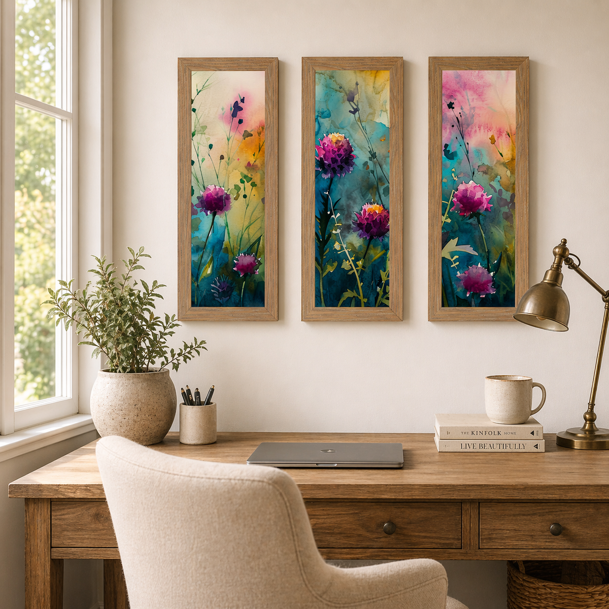 Teal Wildflower Wall Art – Watercolor Floral Narrow Portrait Botanical Decor (SB929)