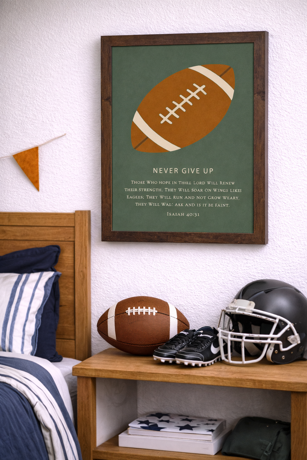 Never Give Up – Isaiah 40:31 Football Wall Art – Christian Football Decor for Boys Room (SB217)