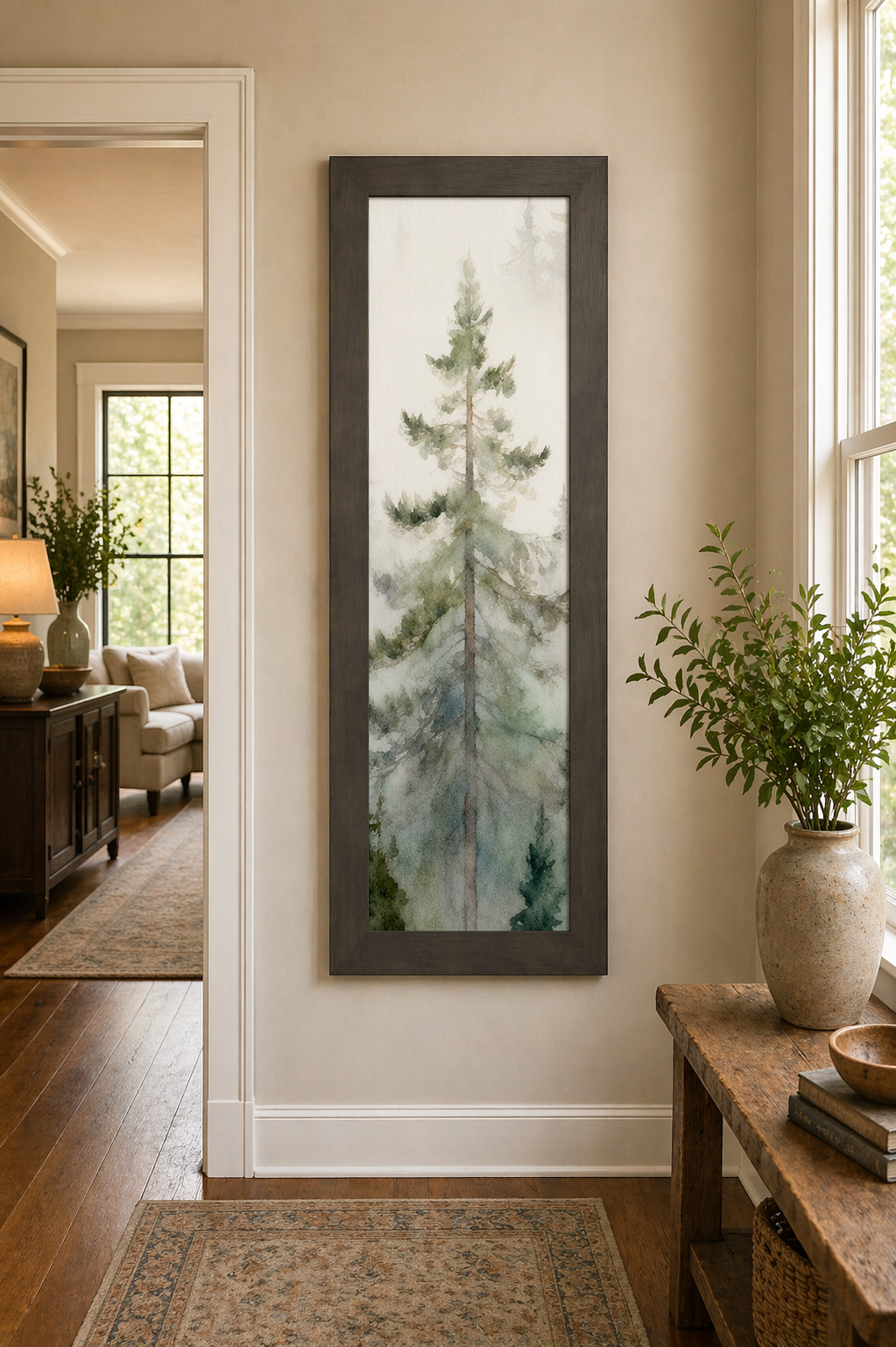Misty Pine Forest Wall Art – Watercolor Evergreen Narrow Portrait Scenic Nature Decor (SB937)
