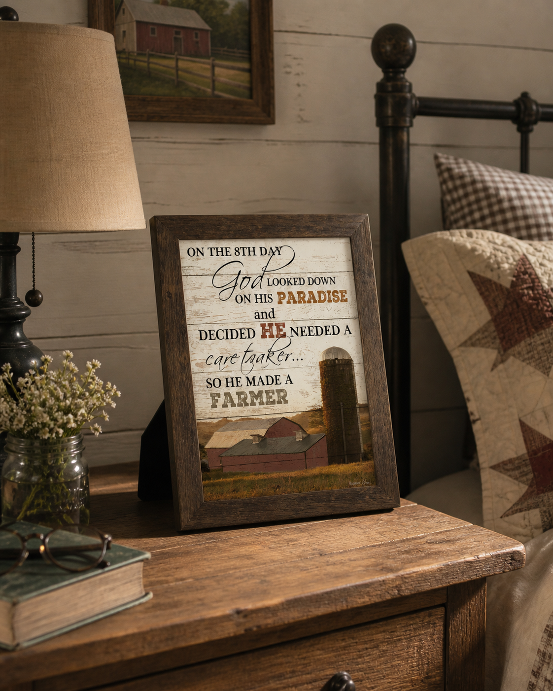 On The 8th Day God Made A Farmer Wall Art – Red Barn Portrait Christian Art (SS9834)
